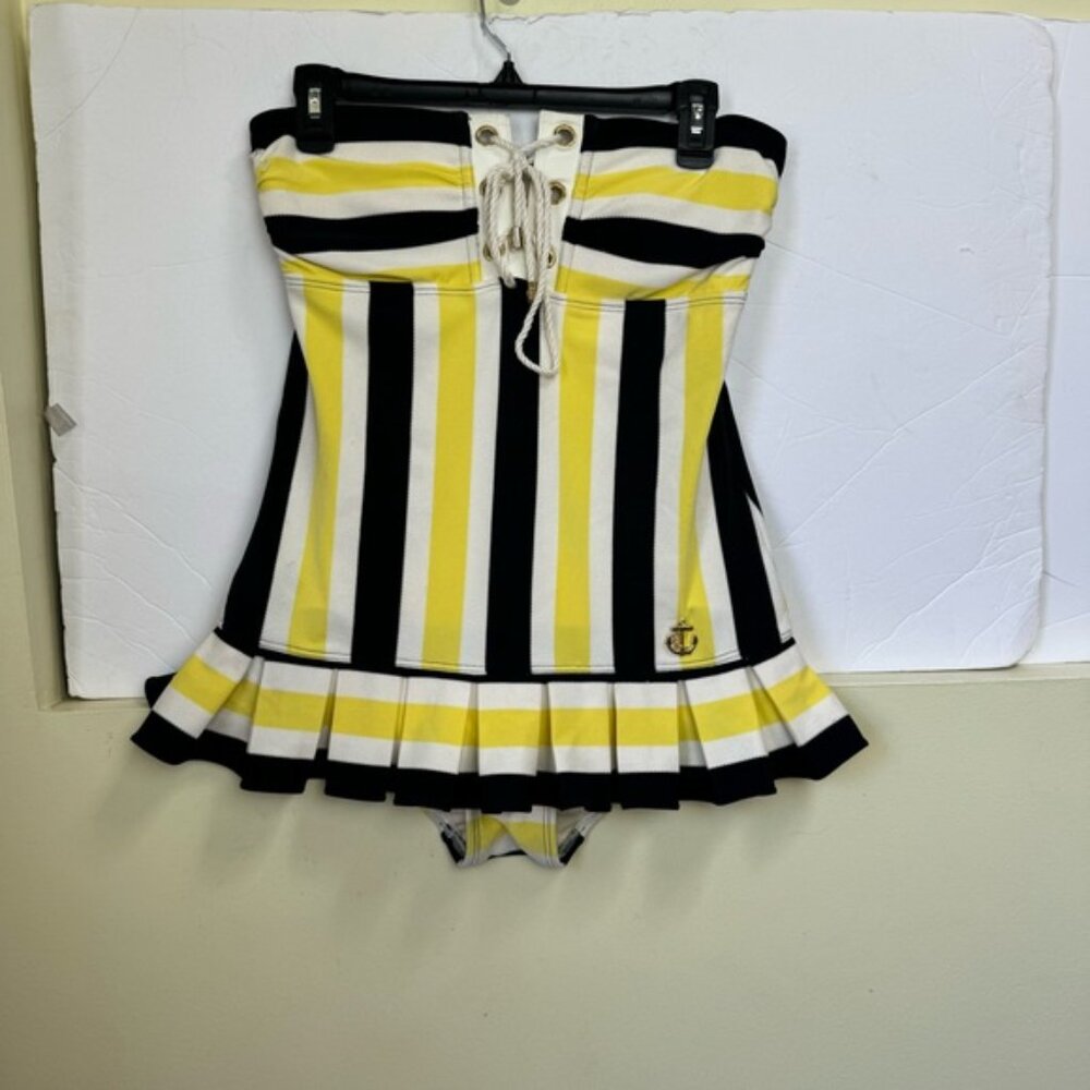 Juicy Couture Pleated Skirt Striped Nautical Swimsuit One Piece Pin Up Retro M - Picture 9 of 16